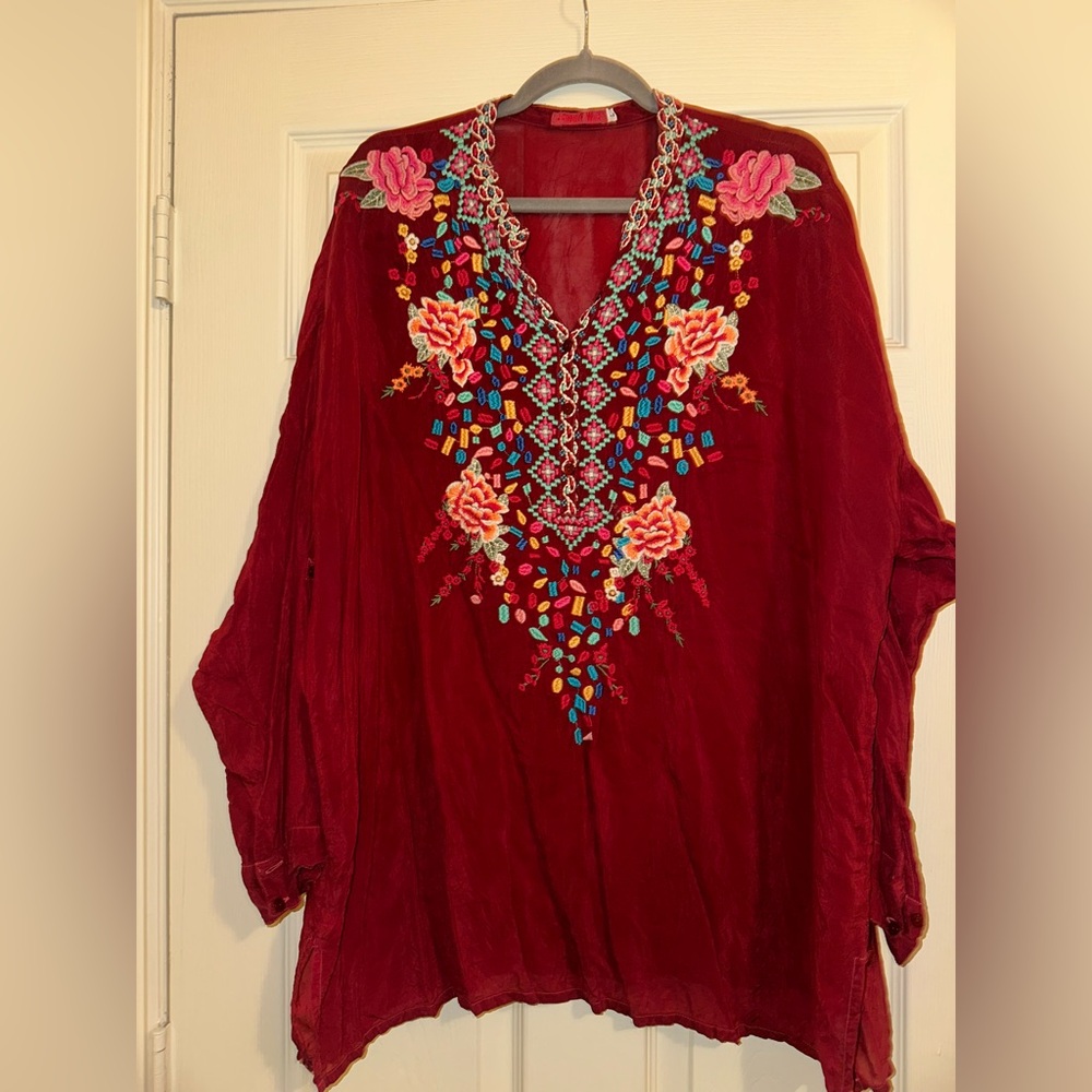 Johnny Was Womens Gemstone Embroidered Blouse Tunic Red